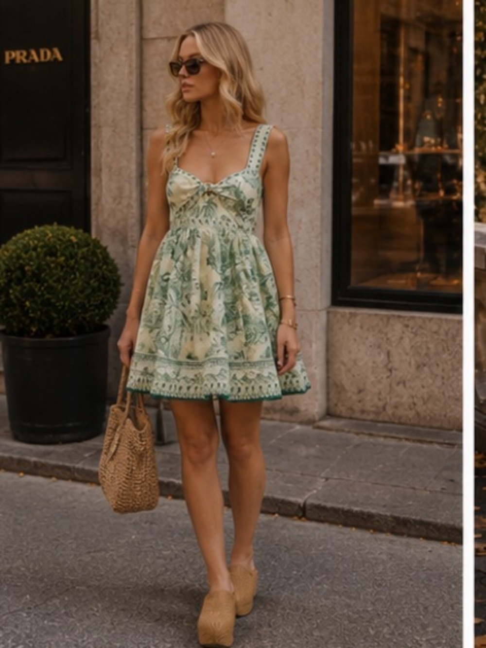 Alemais Green Floral Mini Dress with Front Bow